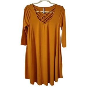 Zenana Premium Womens Dress Medium Mustard Yellow Criss Cross Comfy Stretch Fall